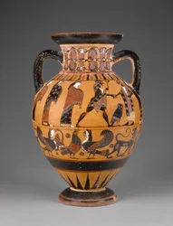 Euboeïsche zwartfigurige nekamfoor versierd met het oordeel van Paris, ca. 570-60 (terracotta)